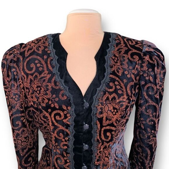 Vintage Collarless Blazer Tailored Black Velvet Structured Hourglass Metallic - Picture 6 of 14